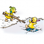Ente hilft einer anderen Ente auf dem einbrechenden Eis mit einem Ast