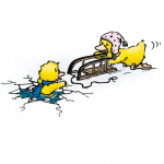 Ente rettet eine ins Eis eingebrochene Ente mit einem Schlitten.